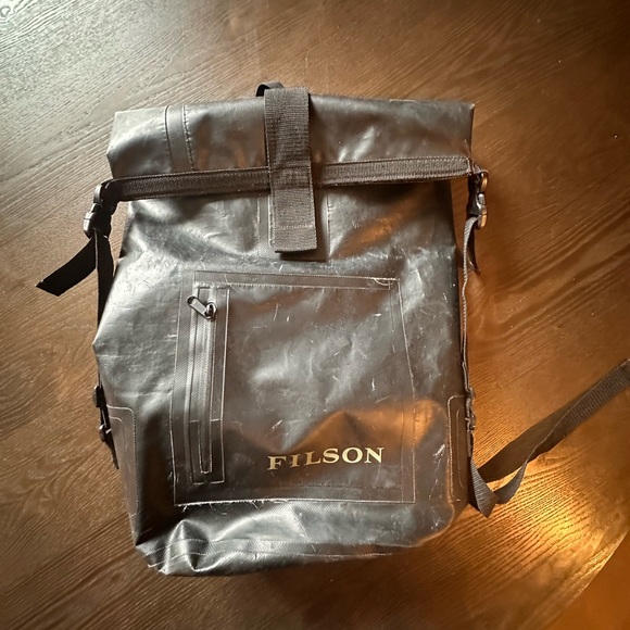 Filson Black Roll-Top Waterproof Backpack with Front Zip Pocket - Picture 2 of 8